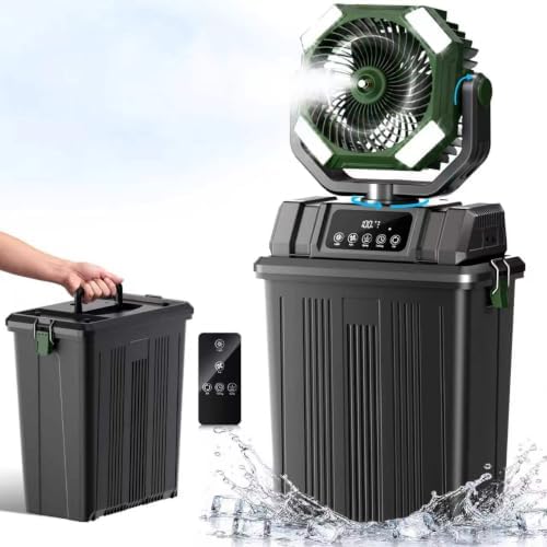 40000mAh Misting Fans for Outside, 15L Large Tank Portable Misting Fan, Battery Powered Outdoor Mister Fan with Remote & LED Light, Wide 270° Coverage for Camping Patio Backyard (Black Green) by Etholzonmistingfan