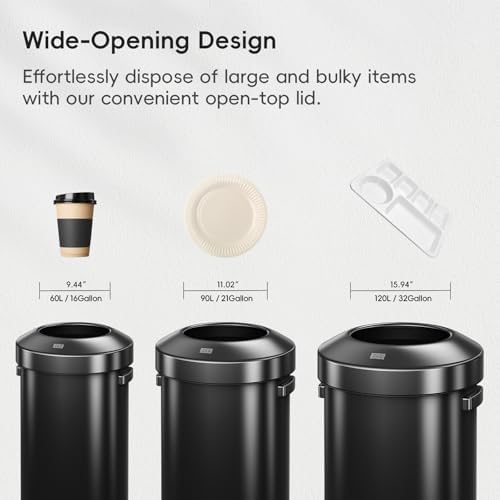 EKO 16-Gallon Round Black Stainless Steel Open Top Trash Can, Large Commercial Waste Bin with Detachable Lid and Carrying Handle, Brushed Metal Garbage Bin for Home, Office, Restaurant, Restroom - Image 6