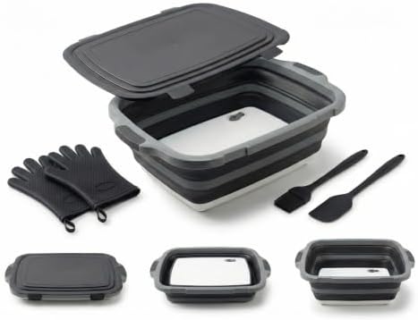 Collapsible BBQ Prep Tub with Lid & Integrated Cutting Board, 16L XL Meat Marinating Basin with Drain Plug, Foldable Grill Prep Station with Heat-Resistant Gloves, Brush & Spatula (X-Large, 16L) by Unknown