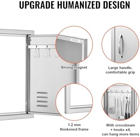 VEVOR BBQ Access Door, 17W x 24H Inch Single Outdoor Kitchen Door, Stainless Steel Flush Mount Door, Wall Vertical Door with Handle, Vents and Hook, for BBQ Island, Grilling Station, Outside Cabinet - Image 5