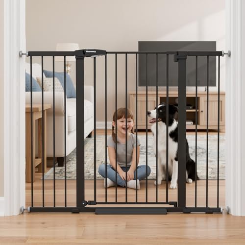 Mumeasy 36" Extra Tall Baby Gate for Stairs, 29.7-51" Wide Dog Gates Indoor for Doorways with Easy Walk Thru, Auto Close Pet Safety Gate for House, Pressure Mounted Metal Child Gate with Door, Black by Mumeasy-FocusonBabyPetSafetyGate
