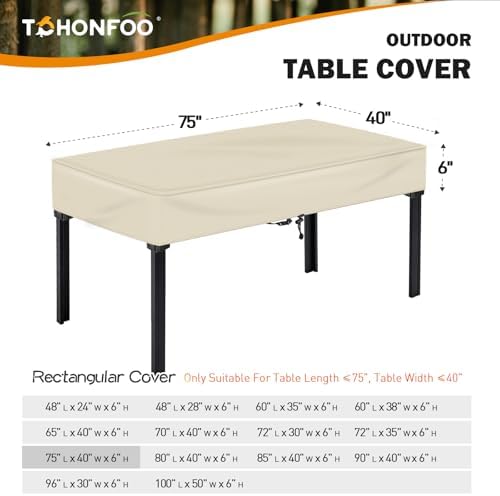 TOHONFOO Waterproof Rectangular Patio Table Cover, 75" x 40" x 6", Beige - Image 2