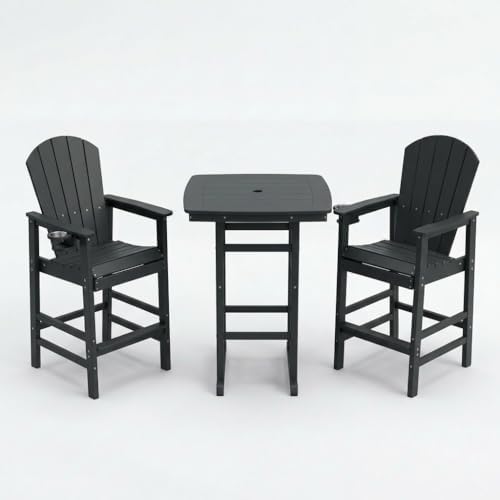 3-Piece HDPE Bar Height Table and Chairs Set, 42.1" Square High Top Pub Table with Umbrella Hole, 2 Adirondack Charis with Cup Holders, Outdoor Patio Dining Set for Bistro Backyard Deck Black - Image 7