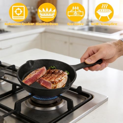 4 Pack Mini Cast Iron Skillet, 6 Inch Small Cast Iron Frying Pan, Pre-Seasoned Cast Iron Skillet Set, Black Non-Stick Mini Cast Iron Cookware for Stove, Oven, Grill Safe, Indoor and Outdoor Use - Image 4