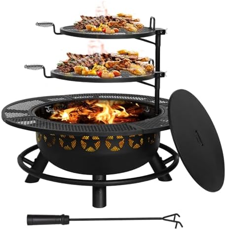 Hykolity 35 Inch Fire Pit with 2 Cooking Grate & Charcoal Pan, Outdoor Wood Burning BBQ Grill Firepit Bowl with Cover Lid, Steel Round Table for Backyard Bonfire Patio Picnic - Image 2