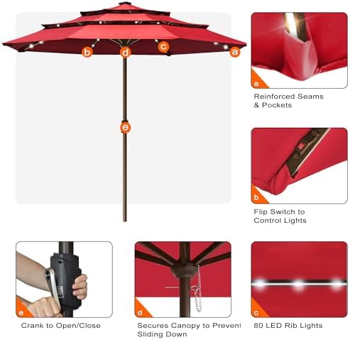 EliteShade USA 10-Year-Non-Fading 10ft 3-Tier Market Patio Umbrella, Commercial Table Umbrella with 80 Solar LED Lights, Crank Open, Windproof & UPF 50+ UV Protection for Garden, Deck, Pool, Backyard, No Tilt, Logo Red - Image 5