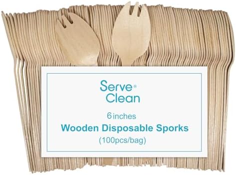 Disposable Sporks 6" Natural Birch Wood Sporks 100 Pack by ServeClean