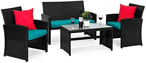 Best Choice Products 4-Piece Outdoor Wicker Patio Conversation Furniture Set for Backyard w/Coffee Table, Seat Cushions - Black/Teal by BestChoiceProducts