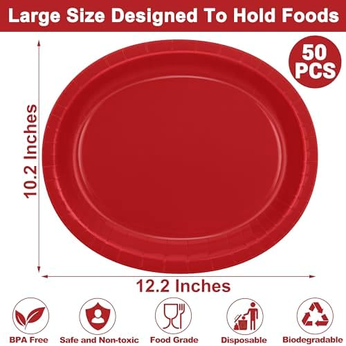 50 Count Red Paper Plates 12.2" x 10.2" Heavy-duty Oval Red Dinner Plates - Image 2