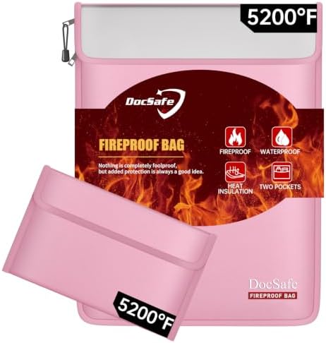 DocSafe Fireproof Document Bag (5200℉) with Fireproof Organizer Travel Case,Heat Insulated Fire＆Water Resistant 8 Layers Safe Money Bag Storage for Important Documents,Cash,Power Bank,Valuables,Pink by DocSafe