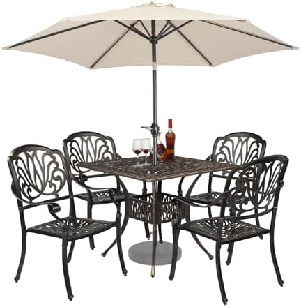 VINGLI 5-Piece Cast Aluminum Outdoor Patio Dining Set with 9ft Umbrella, Space-Saving Stackable Chairs & Table for Yard, Garden, Porch, Poolside, Square Table by VINGLI