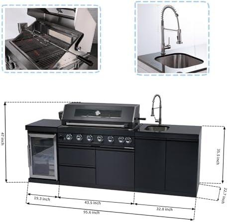 95-Inch Outdoor Kitchen Island Grill - 6-Burner 85000 BTU Natural Gas Grill w/Wine Cooler, Rotisserie Kit, Granite Countertops, Stainless Steel Sink, 304 Marine Grade SS, Patio, Lawn, Backyard, Black - Image 2