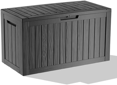 ROJIK Outdoor Storage Housing Deck Box - Waterproof Patio Furniture, Garden Tools, Cushions, Pool Accessories Storage Bench with Lockable Lid and Side Handles (Black 88 Gal) by ROJIK