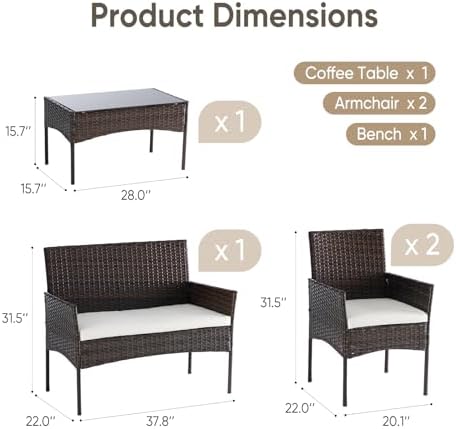 DUMOS 4-Piece Patio Furniture Set Outdoor Wicker Conversation, Brown - Image 3