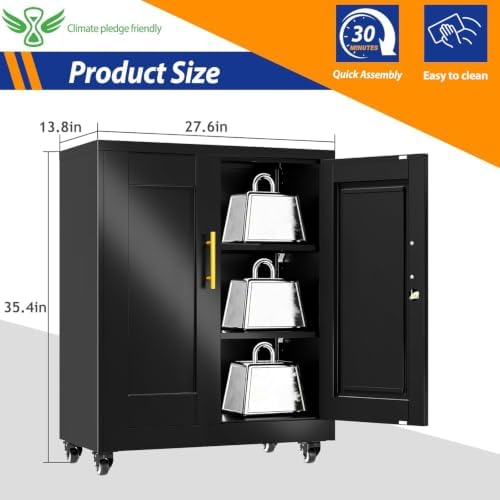 GAIOUS 35'' Tall Metal Storage Cabinet with Lock and Wheels, Steel Office Cabinet with 2 Door and 2 Adjustable Shelves, Lockable File Cabinet, Garage Cabinet, Rolling Cabinet for Home Office, Black - Image 2