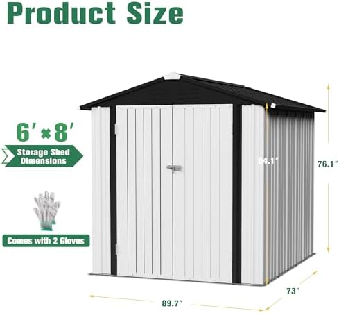 Flamaker 6x8 FT Storage Shed Waterproof Metal Garden Shed with Lockable Door Utility Tool Shed Outdoor Storage for Backyard, Patio and Lawn, White - Image 5