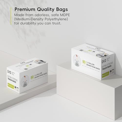 EKO 1.6 Gallon / 3-6 Liter, 80 Count Small Drawstring Trash Bags, Extra-Strong Unscented Garbage Bags, Easy-Dispense Roll for Kitchen & Household Use, Resists Tears, Leaks and Punctures, Code A, White - Image 7