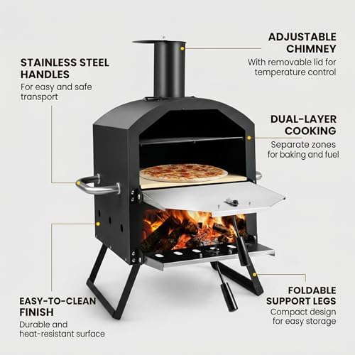 Wood Fired Outdoor Pizza Oven, Portable 2-Layer Pizza Maker with 12" Pizza Stone & Waterproof Cover – Folding Legs, Removable Rack for Camping, Backyard BBQ, Tailgating - Image 4