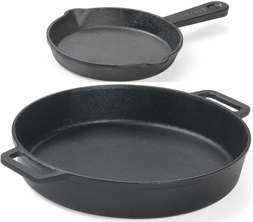 ESTAS 10.25 Inch Cast Iron Skillet with Dual Assist Handles – Pre-Seasoned Frying Pan for Oven, Stovetop, Grill & Campfire – Superior Heat Retention - Includes 5.5 Inch Cast Iron Mini Skillet by Estas