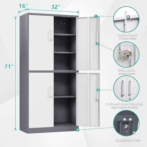 SISESOL Storage Cabinets with Doors and Shelves, 71'' Metal Garage Cabinet Locking, Adjustable Layers for Home Gym, Bathroom, Kitchen, Office, Gray White - Image 2