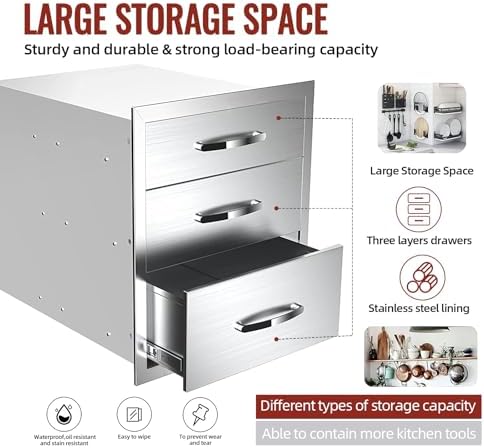 Outdoor Kitchen Drawers Stainless Steel, BBQ Drawer Inserts for Built-in Patio Grill Station, Triple Drawer, 16''W x 21''H x 23''D - Image 4