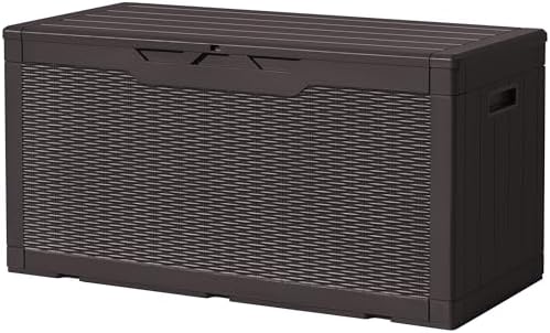 Devoko 97 Gallon Deck Box, Waterproof Resin Outdoor Storage Box for Outside and Patio, Large Outdoor Storage Bench Cabinet Lockable for Patio Furniture, Garden Tools and Pool Supplies (Deep Brown) by DEVOKO