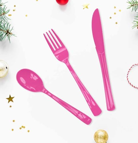 HEIPINIUYE 75 Pack Hot Pink Plastic Cutlery Heavy Duty Hot Pink Plastic Knives Forks and Spoons Disposable Silverware Set for 25 Guest Camping Birthday Baby Shower Party Cutlery Set - Image 4