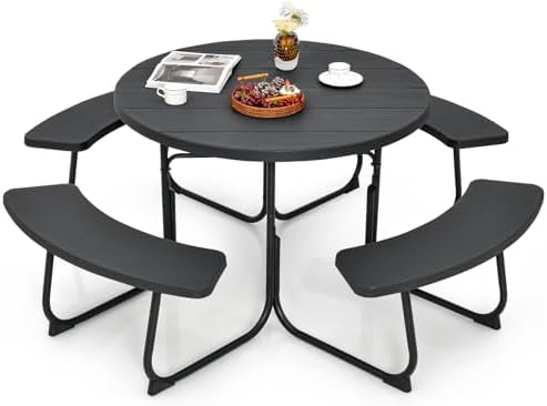 Tangkula 8 Person Round Picnic Table with 4 Built-in Benches, Black by TANGKULA