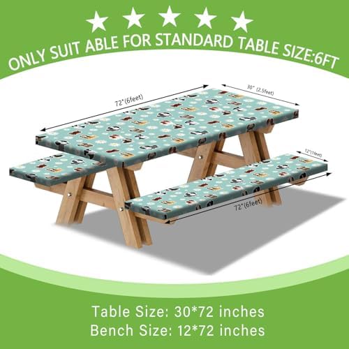 Cute Dog Picnic Table Cover with Bench Covers Camping Essentials Waterproof Windproof Funny Animal Daisy Flower Table Cover Fitted Tablecloth Cover with Elastic Edge for Outdoor 3 PCS 30x72 Inch - Image 3