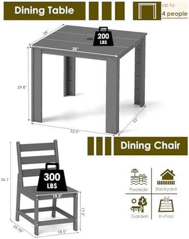 GREENVINES 5PCS Patio Dining Set, HDPE Square Table & 4 Side Chairs, Gray - Image 2