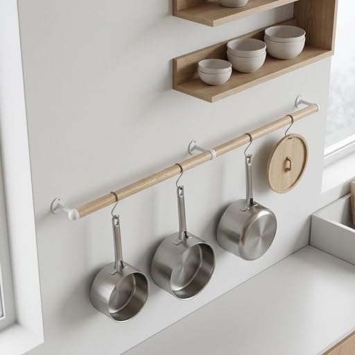Wooden Pot Rack Wall Mounted - Pans Hanging Rack and Detachable Kitchen Lids Utensils Hanger (Wood color, 50.6inch/3 Pack) - Image 3