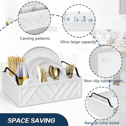 Ukonvi Paper Plate Dispenser and Holder for Kitchen Counter, Wood Rustic Silverware Utensil Caddy, Cutlery Flatware Organizer Box for Cups Spoons Forks Napkins, Kitchen Accessories - Image 6