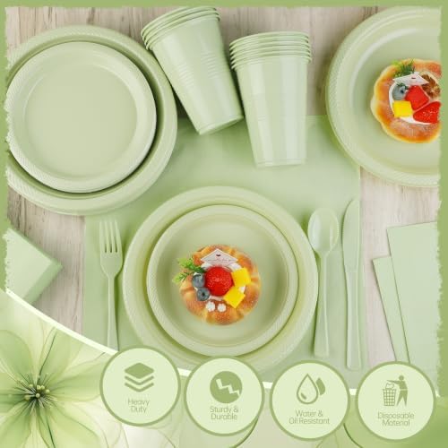 Kochorie 480 Pieces Sage Green Plastic Dinnerware Set Disposable Heavy Duty Plates Napkins Cups Silverware Dessert Dinner Plates for Birthday Wedding Baby Shower Party Supplies, Serves 60 Guests - Image 3