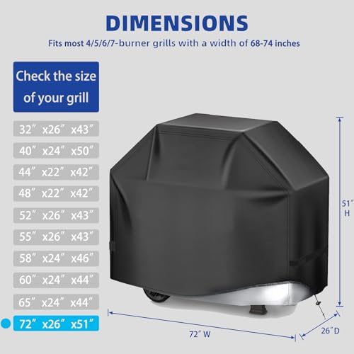 BBQ Gas Grill Cover for Outdoor, Anti-UV, Rip-Proof, 600D Oxford Fade Resistant Material, Barbecue Cover with Hook and Loop Straps & Adjustable Hem Drawstring (Black, 72”x26”x51”) - Image 2