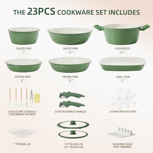 BECIGAR 23pcs Ceramic Pots and Pans Set, Nonstick Detachable Handle Cookware, Induction Kitchen Cooking Set, Include Frying Pans & Saucepans Oven Safe(Green) - Image 2