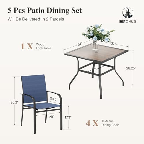HERA'S HOUSE Patio Dining Set for 4, Wood-Look Metal Table, Blue Chair - Image 6