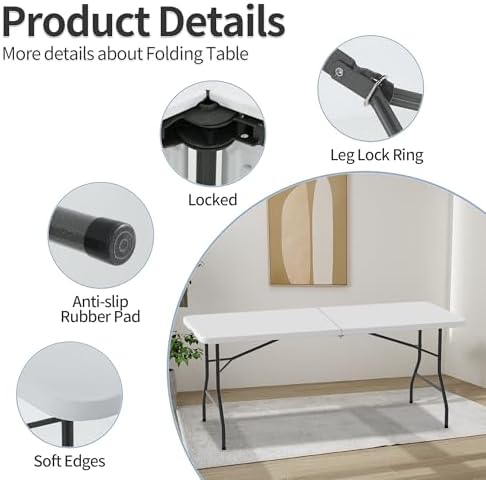 HKLGorg 6ft Folding Table, White Plastic Foldable Party Dining Table - Image 5