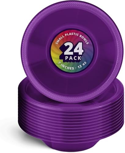 DecorRack 24 Purple Plastic Bowls, 7 in Disposable 12 oz Bowl by DecorRack