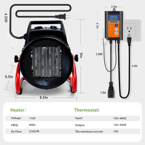 Greenhouse Heater with Thermostat, Auto Power Control with Digital Temperature Display, Fast Heating, Overheat Protection, Electric Heater for Grow Tent, Greenhouse, Flower Room, Patio - Image 5