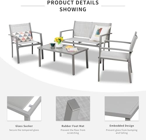 Shintenchi 4 Pieces Patio Furniture Set All Weather Textile Fabric Outdoor Conversation Set, with Glass Coffee Table, Loveseat, 2 Single Chairs for Home, Garden, Lawn, Porch（Silver） - Image 3