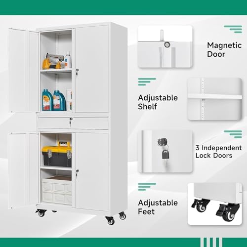 Letaya Metal Garage Storage Cabinet with Wheels,72“ Rolling Tool Cabinet with 4 Door Lock-Adjustable Shelves and Drawer for Garage Home Office Utility Room (White with Wheels) - Image 5