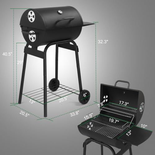 Outvita Barrel Charcoal Grill with Warming Rack, Outdoor BBQ, Black - Image 6