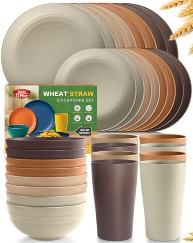 Teivio 32-Piece Kitchen Plastic Wheat Straw Dinnerware Set, Service for 8, Dinner Plates, Dessert Plate, Cereal Bowls, Cups, Unbreakable Colorful Plastic Outdoor Camping Dishes, Desert by Teivio