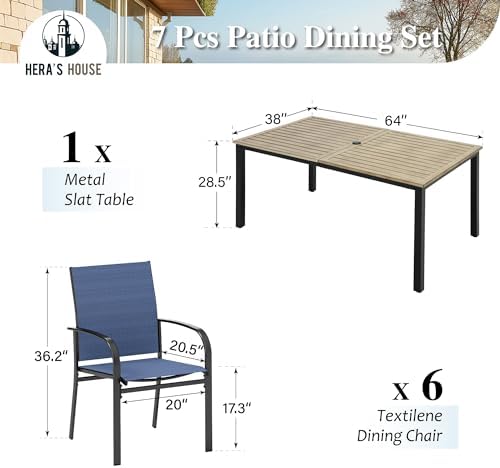HERA'S HOUSE 7pc Outdoor Patio Dining Set, Wood-Look Metal Table, Blue - Image 6