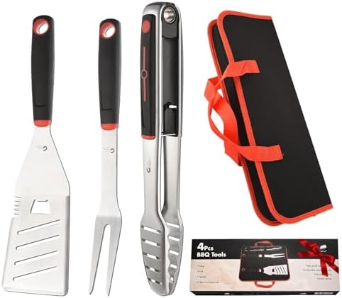 BBQ Tools Set, 4 PCS Heavy Duty Stainless Steel Spatula, Fork, Tongs with Portable Bag, Essential Accessories for Barbecue Outdoor Grill, Grilling Gifts for Men Dad Camp Chef by CuCut