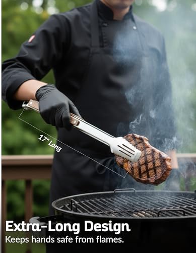 17-Inch Grill Tongs, Heavy Duty 304 Stainless Steel BBQ Tongs, Extra-Long Locking Grilling Tongs for Outdoor Grill & Smoker, Walnut Handle, Gift Pouch - Image 2