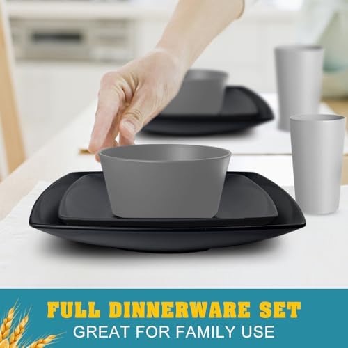 Teivio 32-Piece Kitchen Plastic Wheat Straw Squircle Dinnerware Set for 8, Unbreakable Dinner Plates, Salad Plates, Square Cereal Bowls, Cup 13.5oz, Dishwasher Safe,Gray Ombre - Image 6