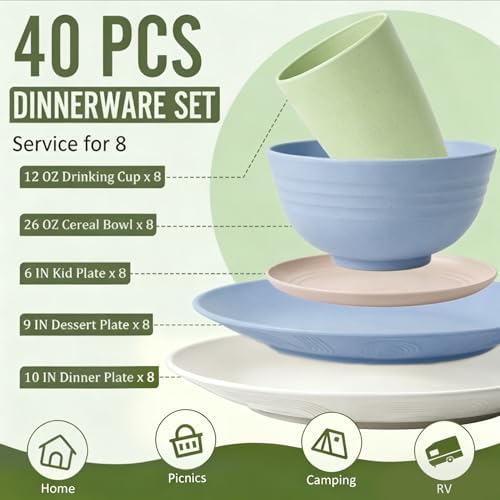 40 PCS Wheat Straw Dinnerware Sets Unbreakable Dishware Set for 8 Plastic Plates and Bowls Sets with Cups Dishwasher & Microwave Safe - Colorful - Image 2