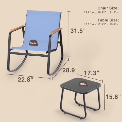 Ahomly 3 Pieces Patio Furniture Set Textilene Rocking Set, Lightblue - Image 6