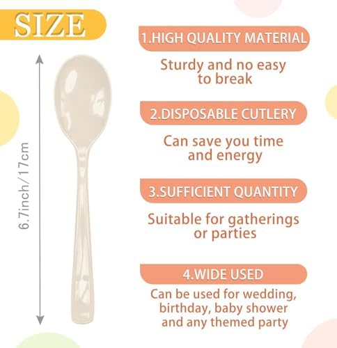 SietDESEO 50 PCS Ivory Plastic Spoons Disposable Utensils Heavy Duty Ivory Spoons Disposable Cutlery for Birthday Wedding Baby Shower Bridal Shower Plastic Silverware - Image 3